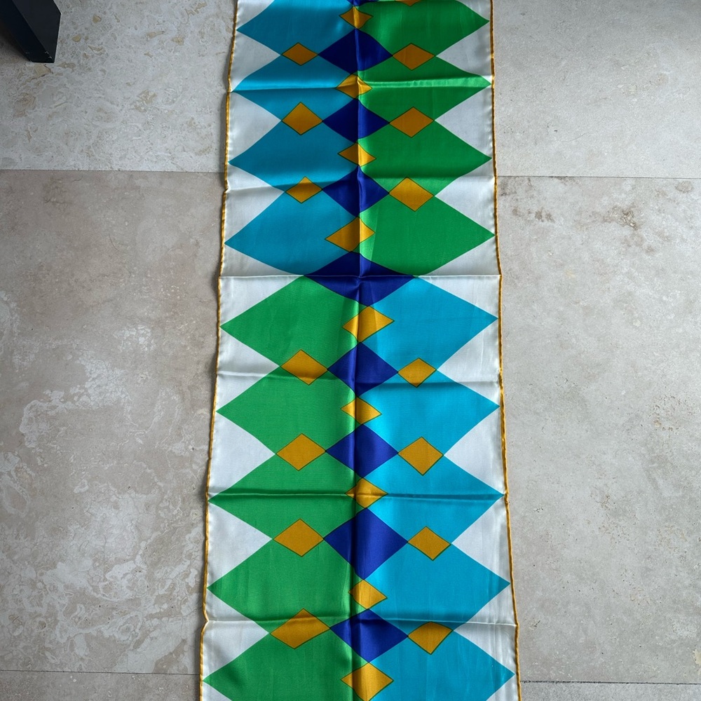 Vintage 1990’s Vera Scarf Geometric Diamond Print Blue & Green with Gold Accents